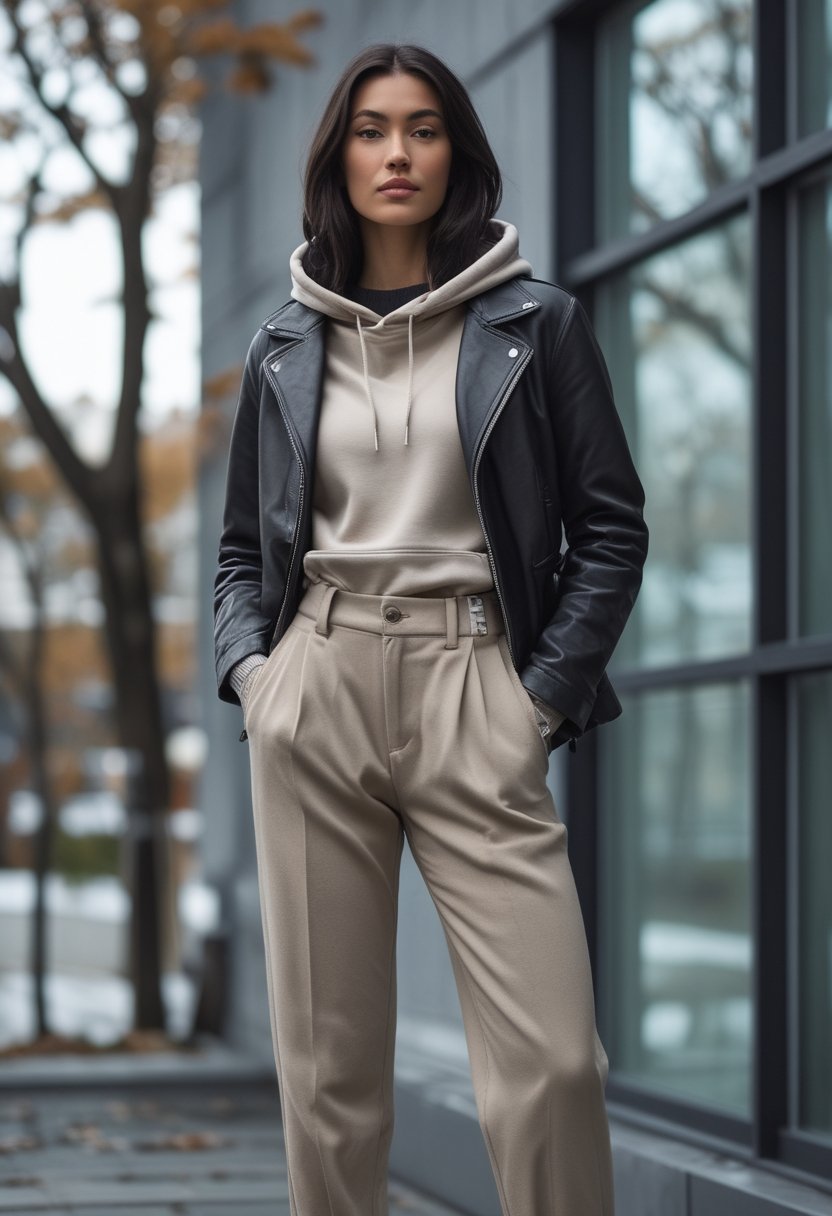 A person wearing a leather jacket over a hoodie with relaxed-fit trousers outdoors in cool autumn weather.