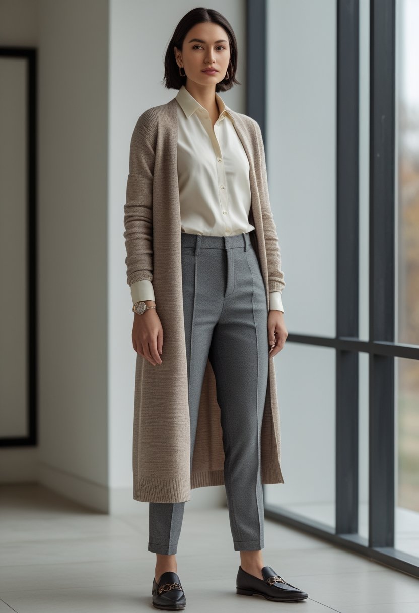 A person wears a long cardigan over a button-down shirt and wool pants indoors.