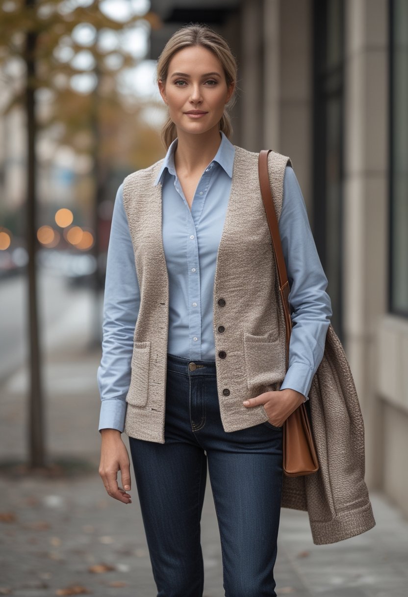 A person wearing a sweater vest over an Oxford shirt with straight-leg jeans in an autumn city setting.