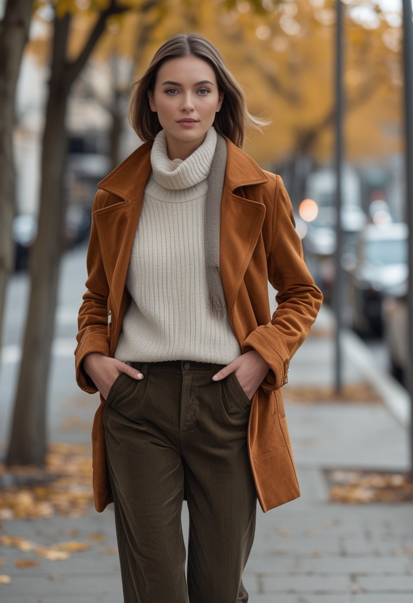 A person wearing a brown suede jacket, cream sweater, and corduroy pants walks along a tree-lined autumn sidewalk.
