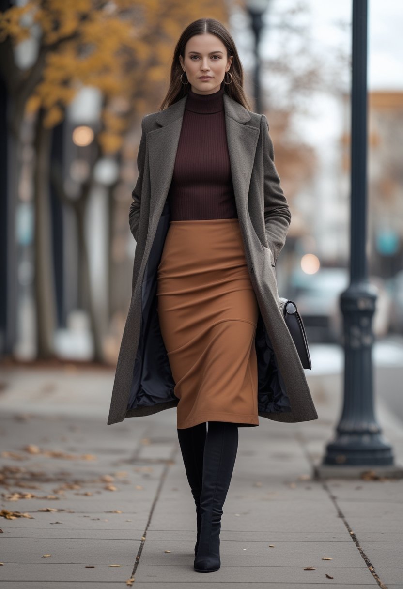 A woman walks along a city sidewalk wearing a midi dress over a turtleneck, tights, knee-high boots, and a wool coat.