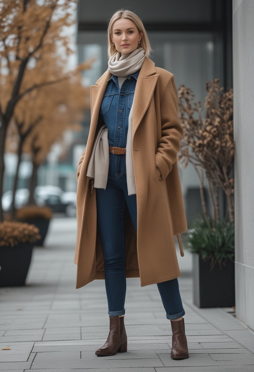 A person wears a denim jacket under a wool coat with a scarf and ankle boots in an autumn city setting.