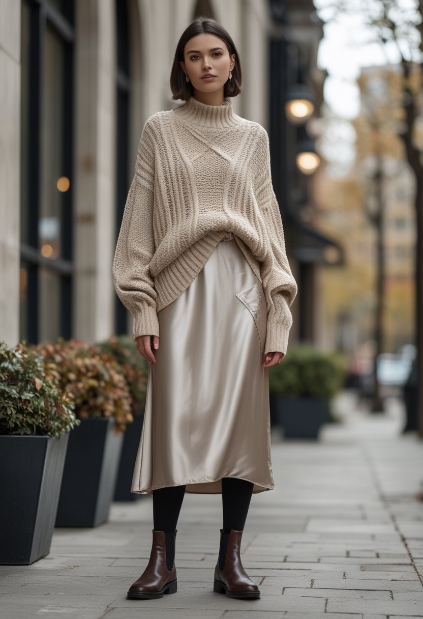A person wearing a chunky knit sweater, slip skirt, tights, and Chelsea boots outdoors in cool weather.