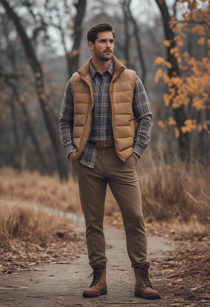 A person wearing a puffer vest over a plaid flannel shirt and fleece-lined trousers in an autumn woodland setting.