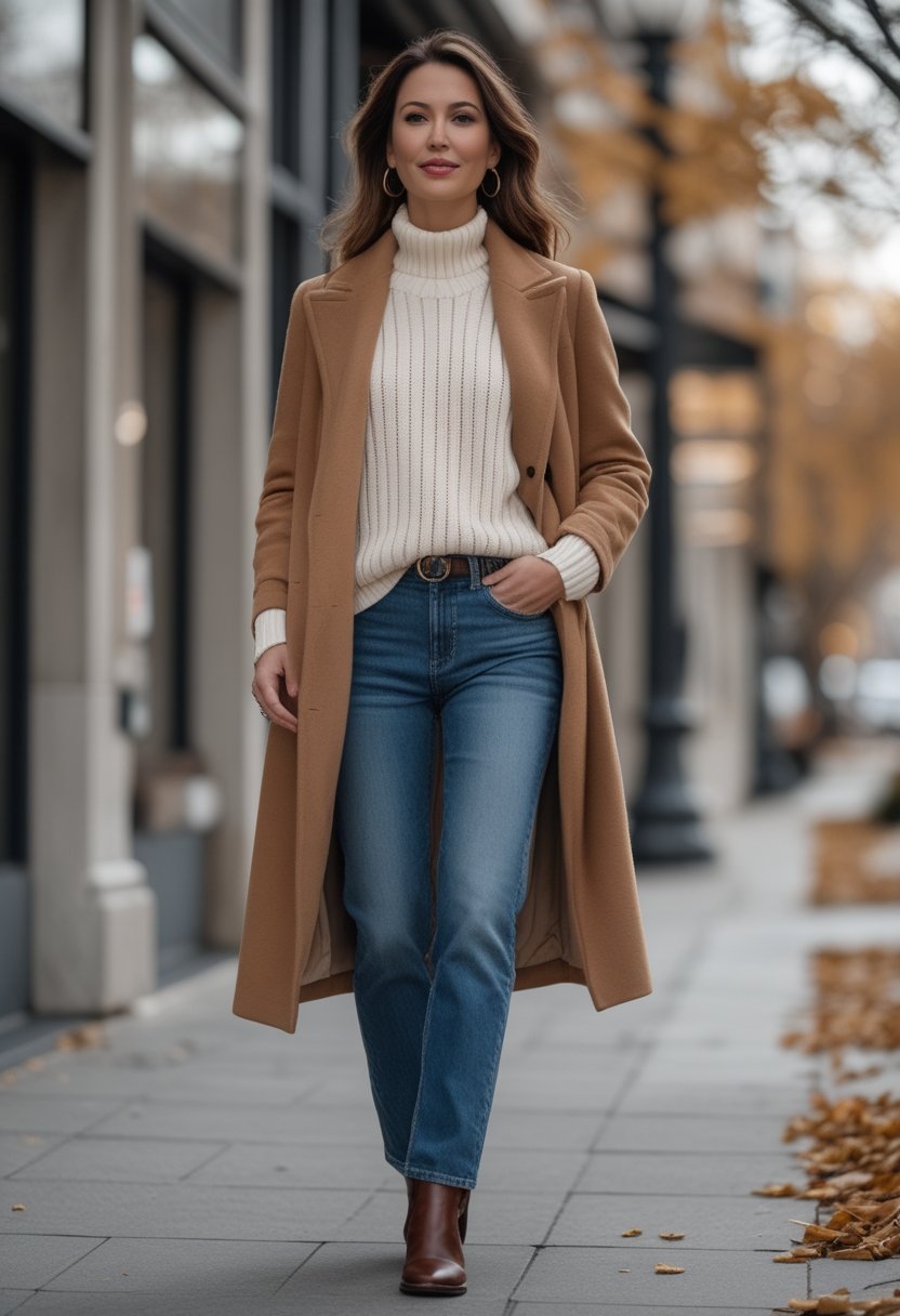 A woman wearing a camel coat, striped sweater, jeans, and brown leather boots walks along an autumn city sidewalk.