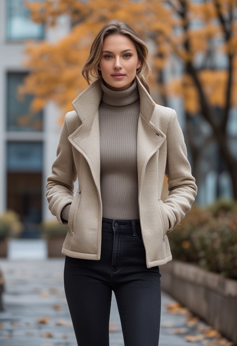 A person wearing a shacket over a thermal top with black jeans outdoors in an autumn setting.