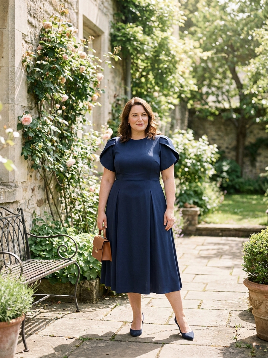 A-Line Midi Dress With Structured Sleeves
