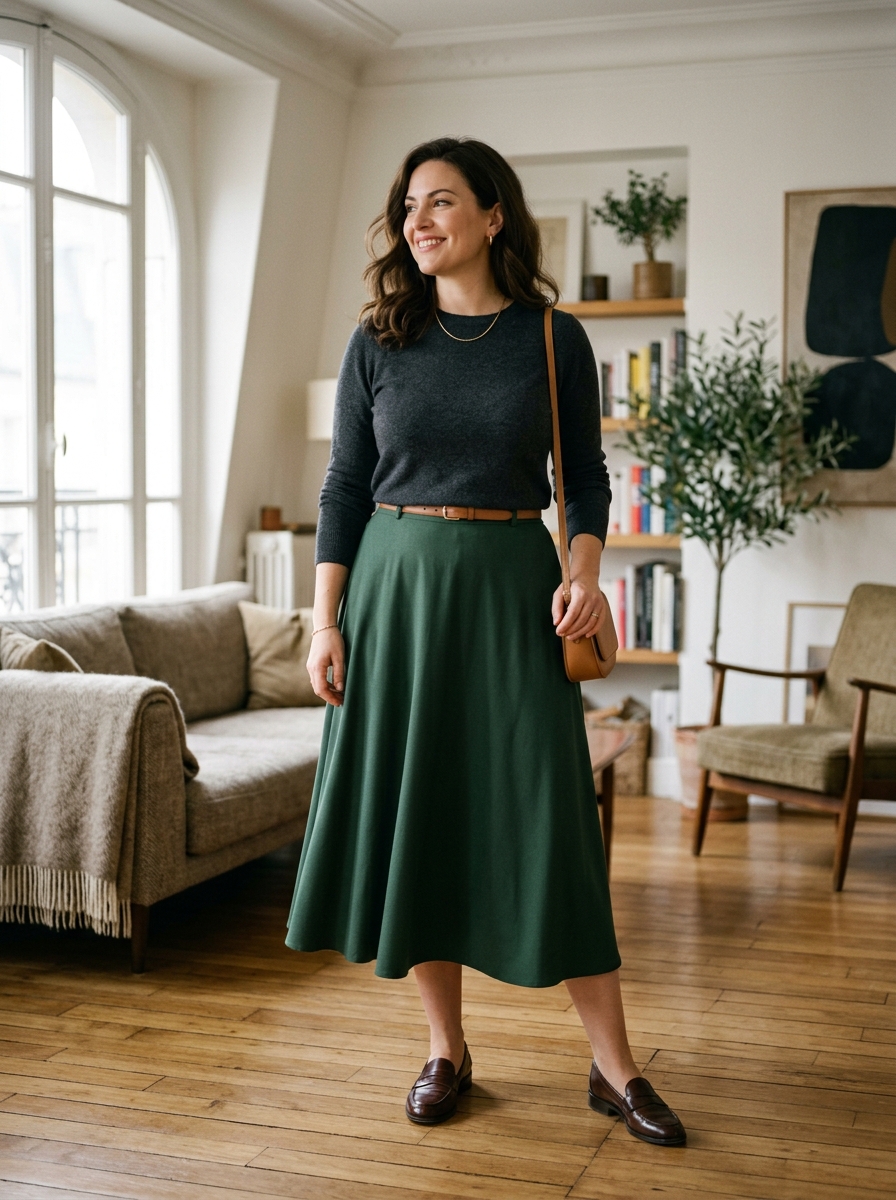 A-Line Midi Skirt With a Soft Knit Top