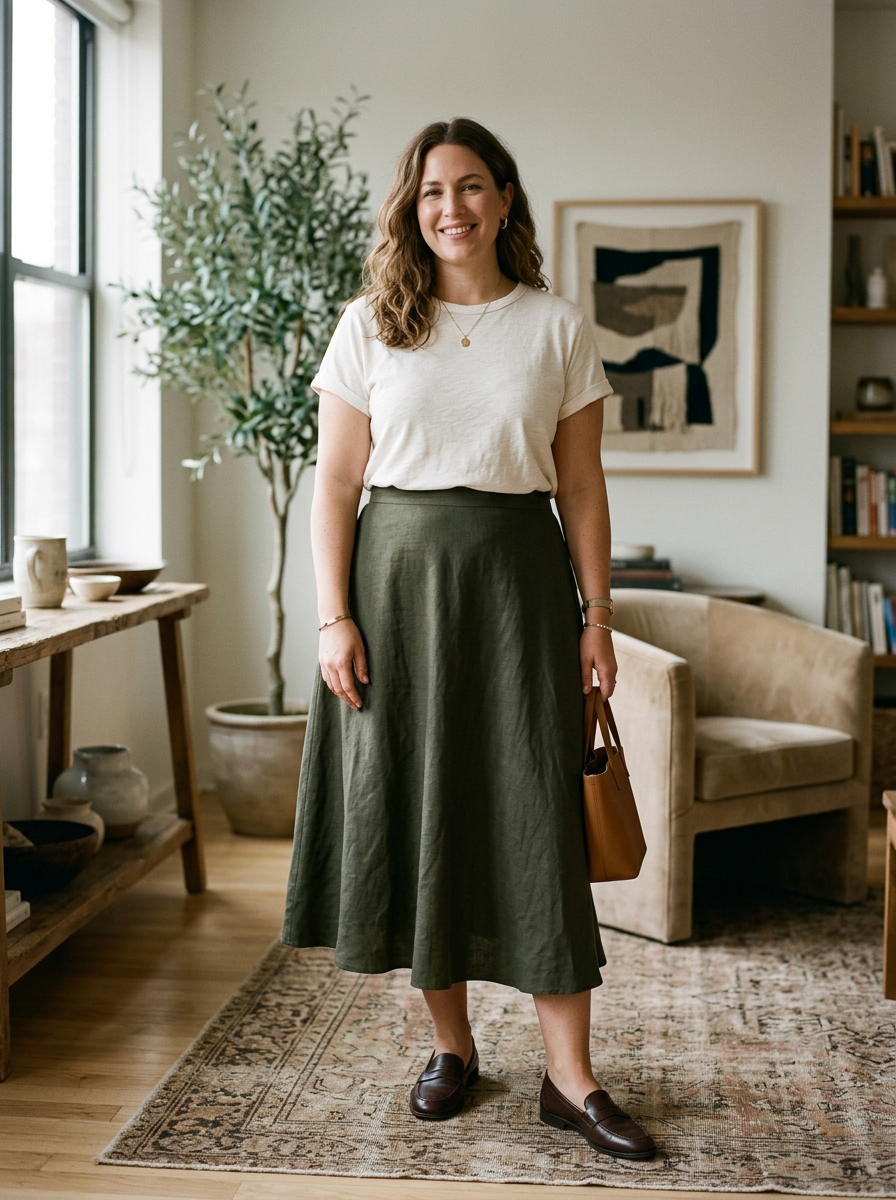 A-Line Midi Skirt With a Soft Tee