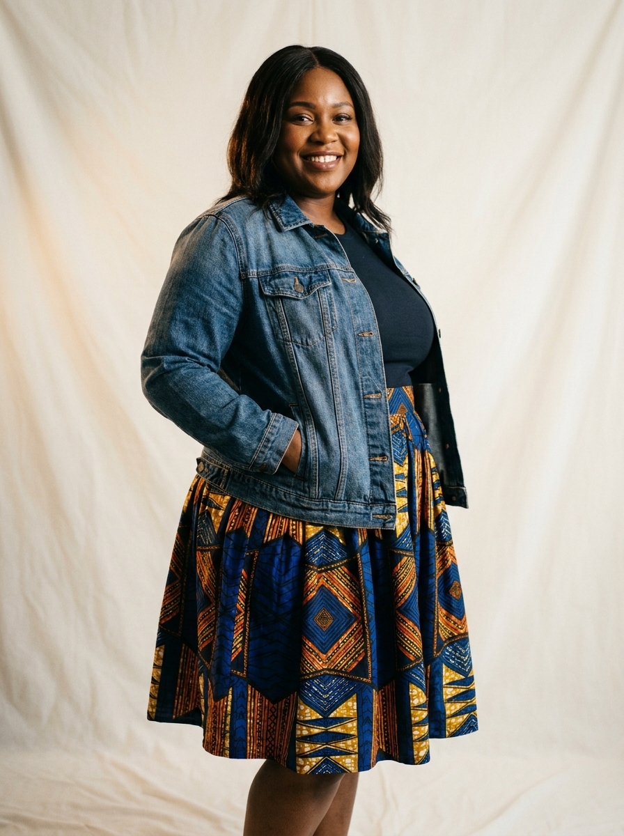 African Print Midi Skirt With Denim Jacket