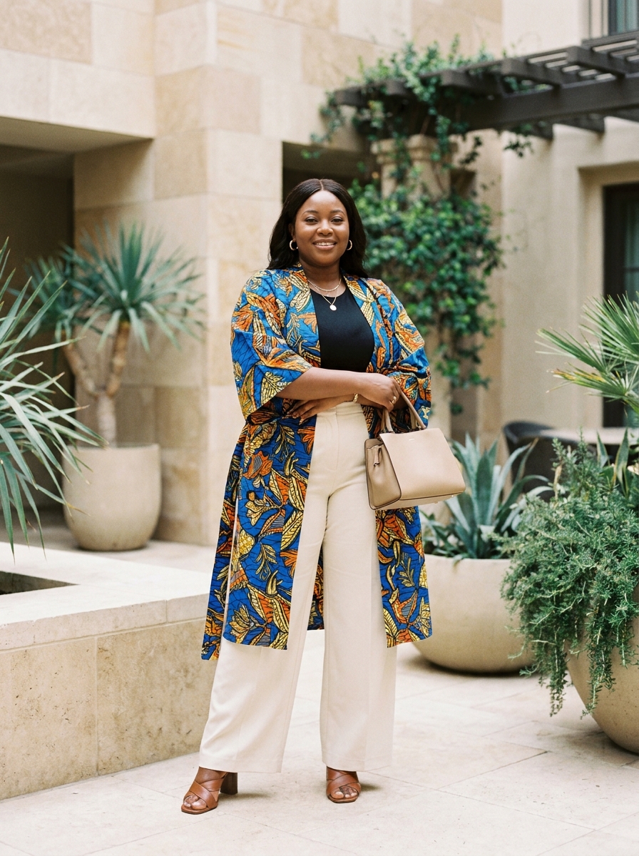 Ankara Kimono Jacket With Solid Wide Leg Pants