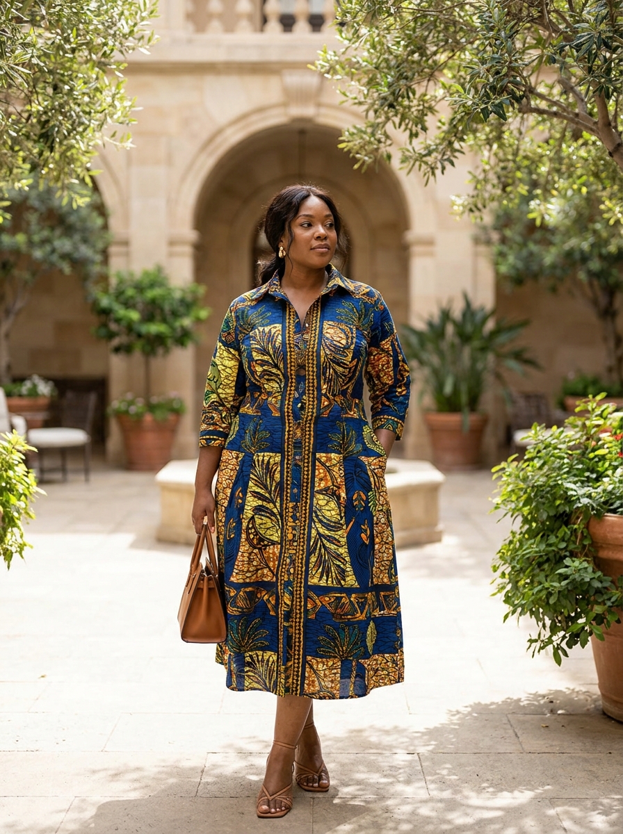 Ankara Shirt Dress With Flared Midi Hem