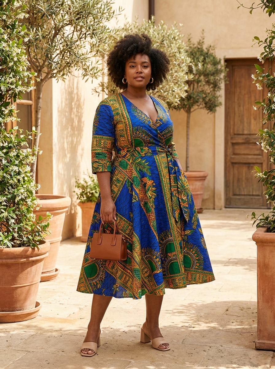 Ankara Wrap Midi Dress With Defined Waist