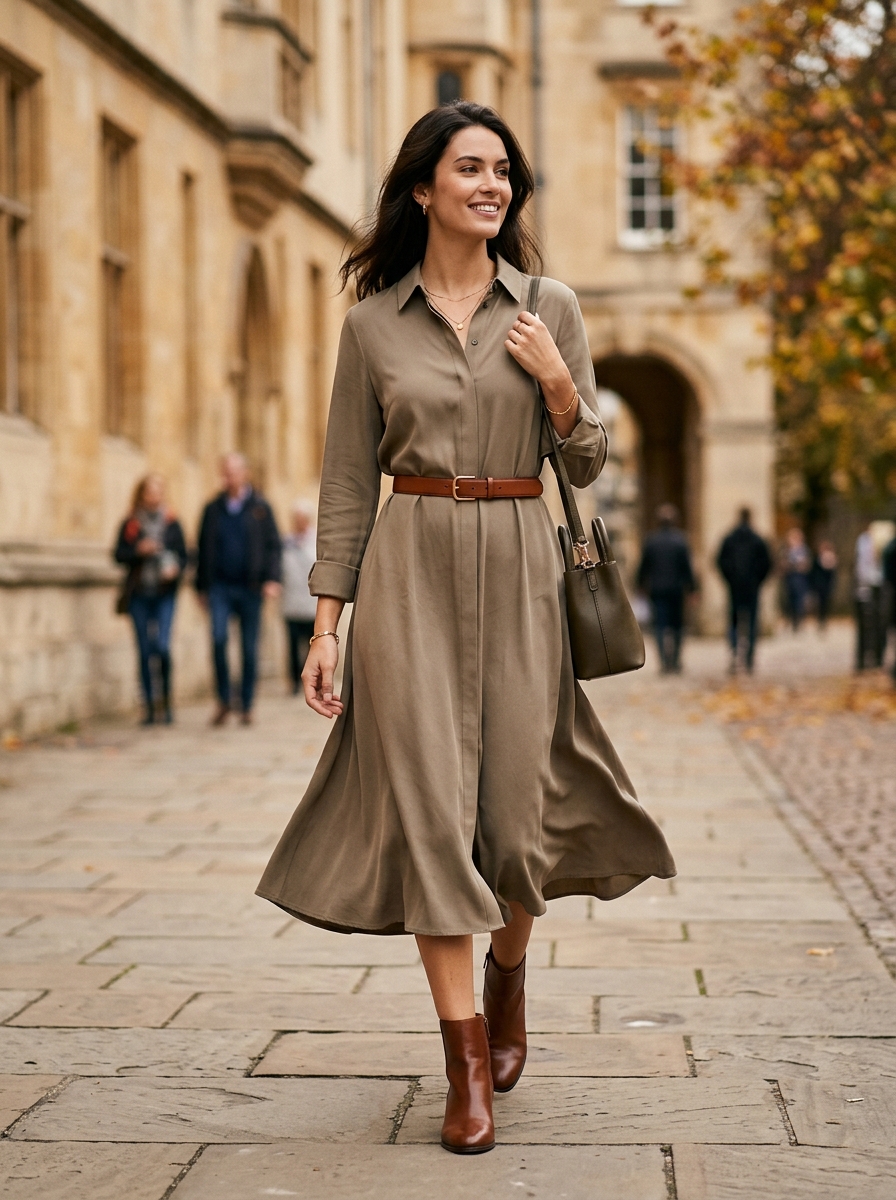Ankle Boots With A Belted Shirt Dress