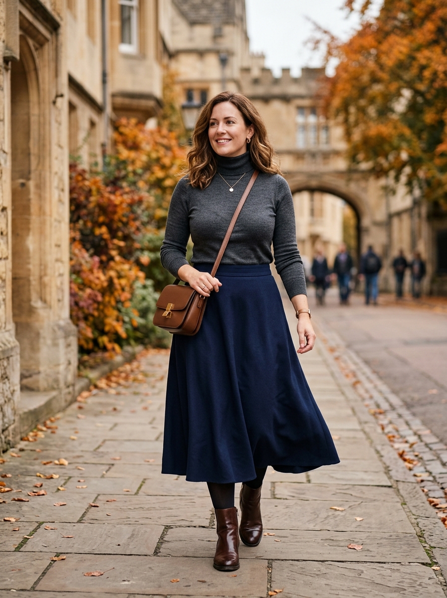 Ankle Boots With A Line Midi Skirt