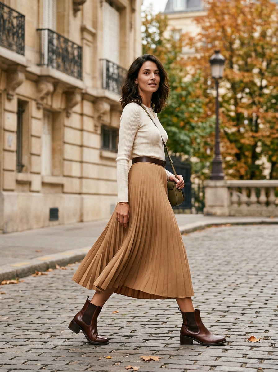 Ankle Boots With A Pleated Midi Skirt