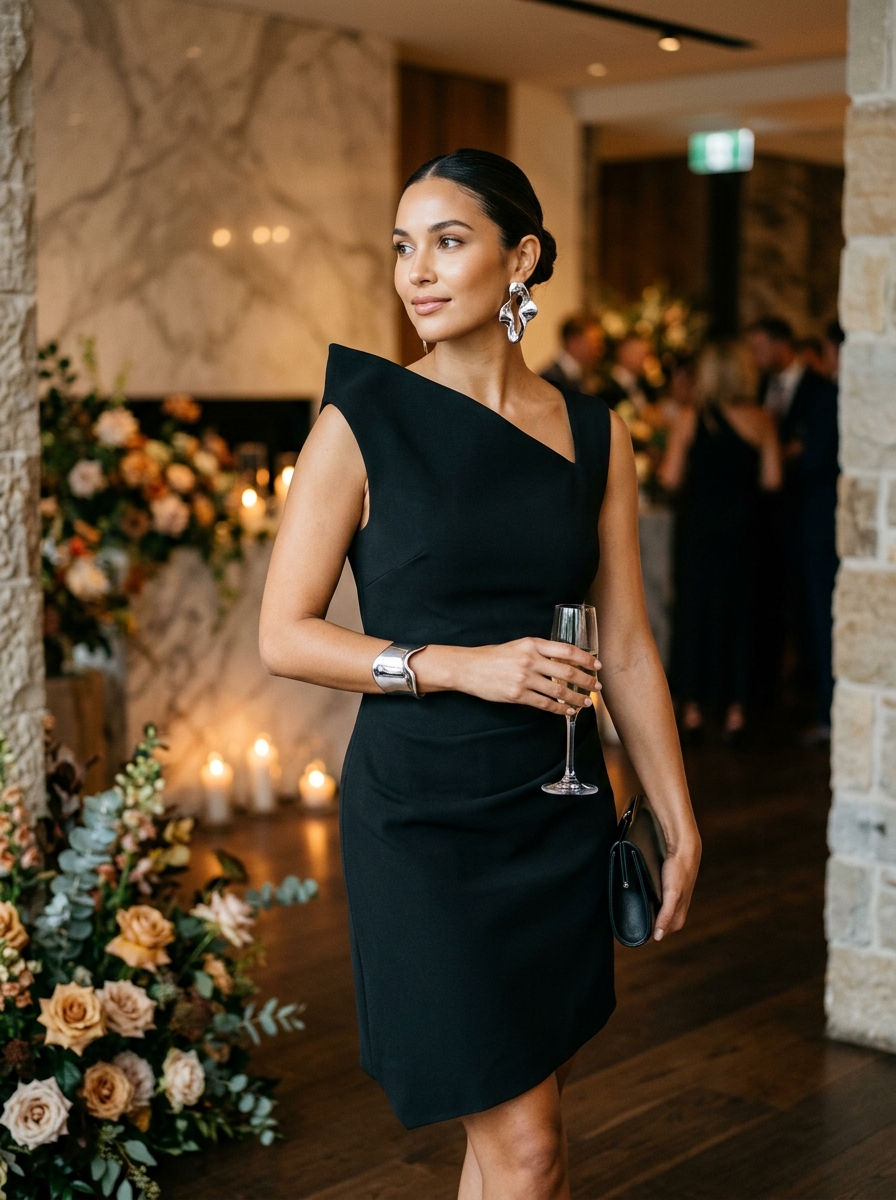 Asymmetric Black Dress With Sculptural Jewelry