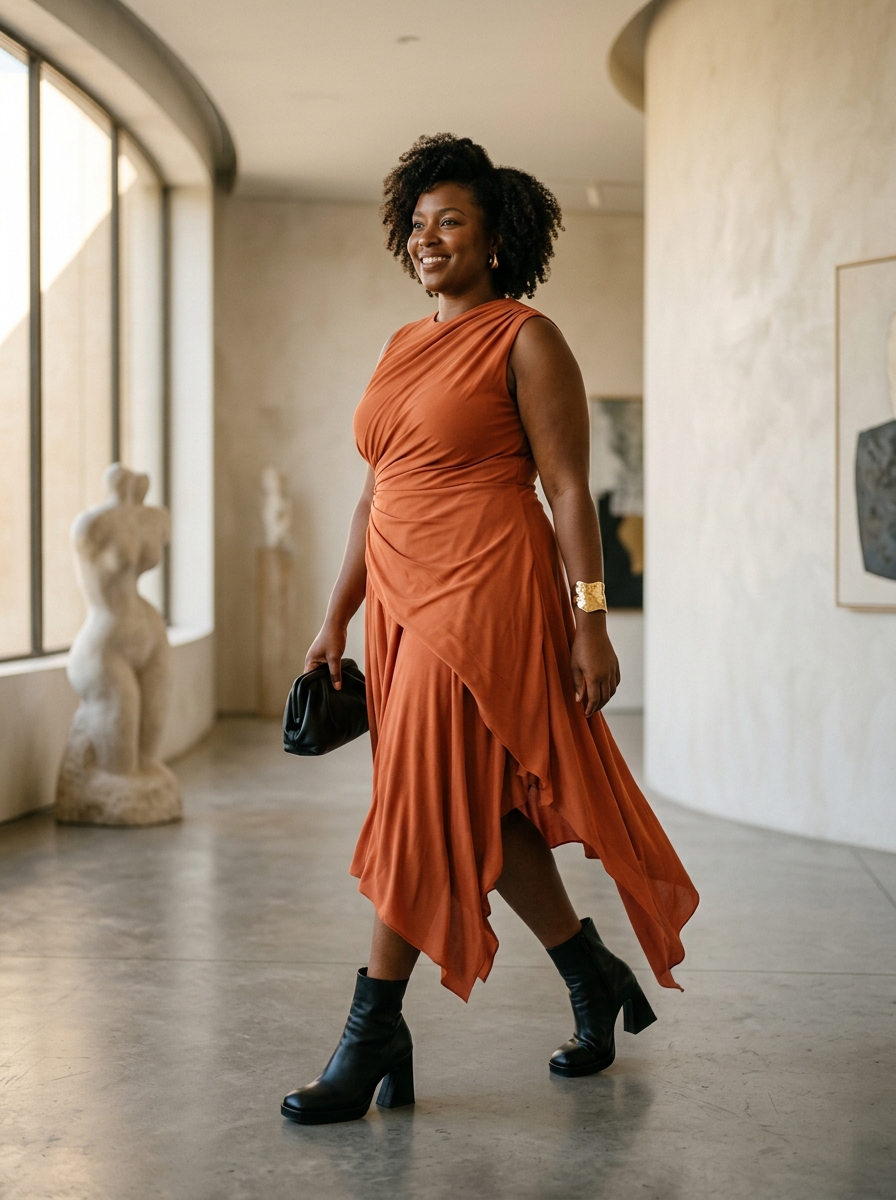 Asymmetric Dress With Bold Ankle Boots
