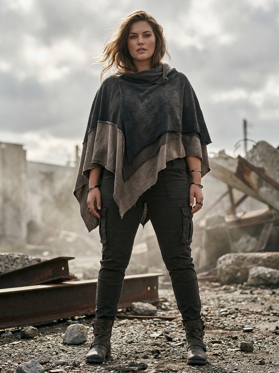 Asymmetric Poncho With Slim Cargo Pants