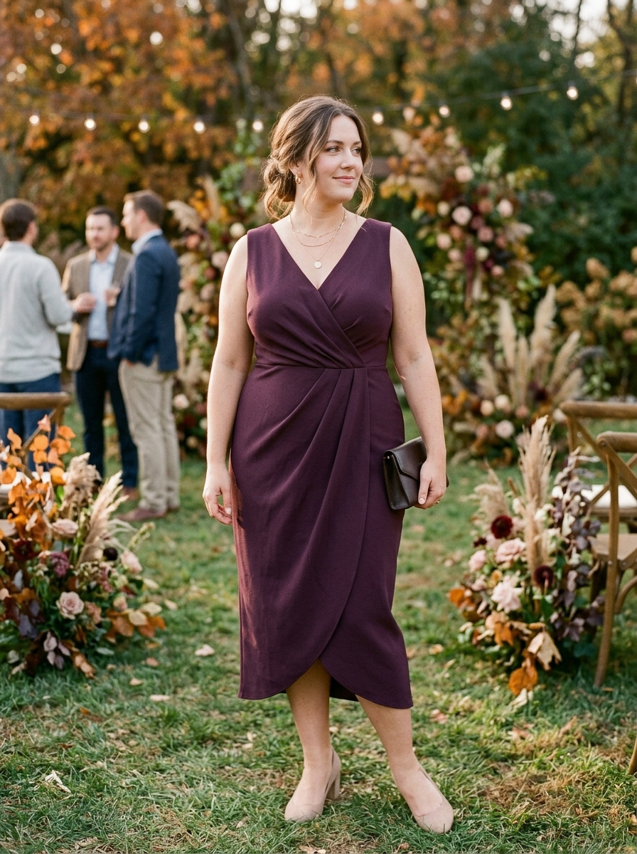 Aubergine Faux-Wrap Midi Dress