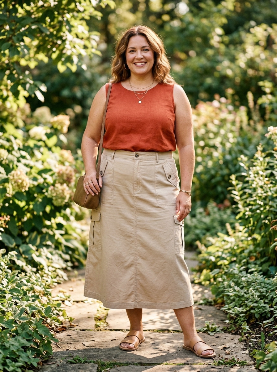 Beige Cargo Skirt With a Rust Sleeveless Top