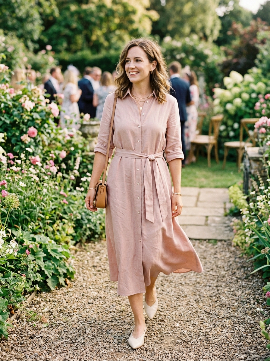 Belted Shirt Dress With Elegant Flats