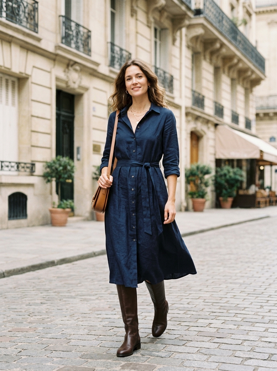 Belted Shirt Dress With Knee-High Boots