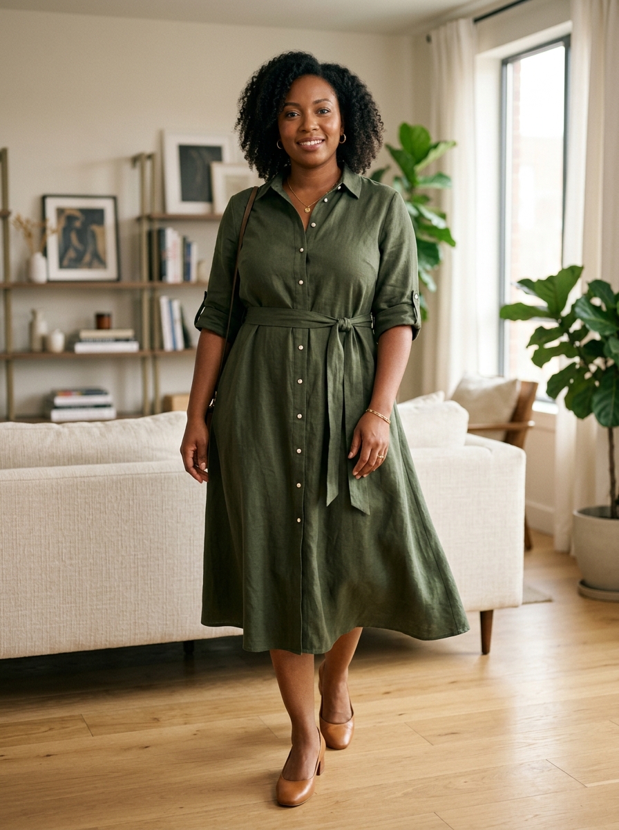 Belted Shirt Dress With a Soft Skirt
