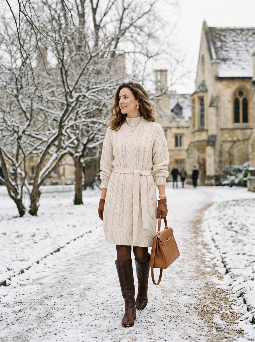 Belted Sweater Dress With Knee-High Boots