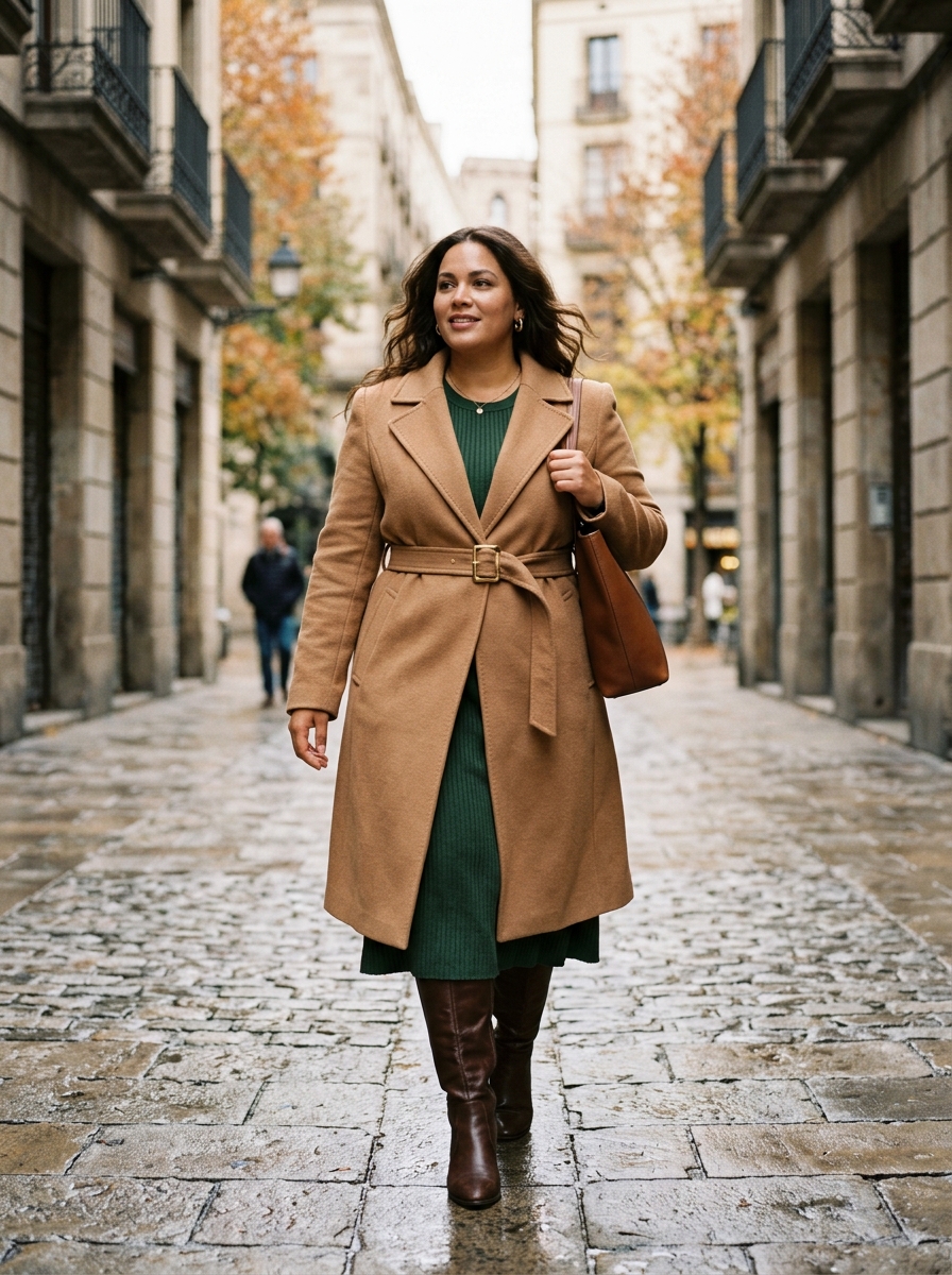 Belted Wool Coat With Knit Dress and Tall Boots