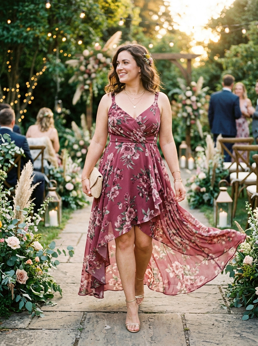 Berry Floral High-Low Dress