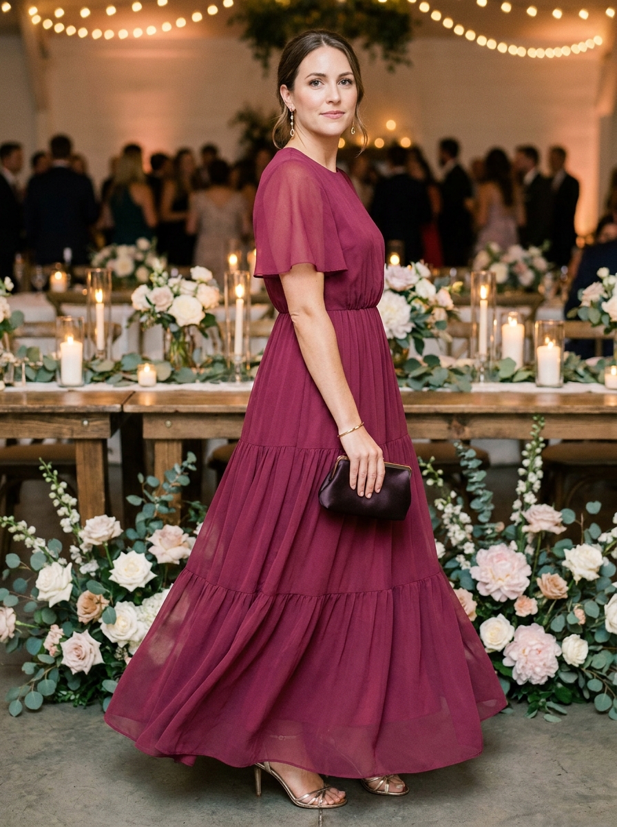 Berry Tiered Maxi Dress With a Defined Waist