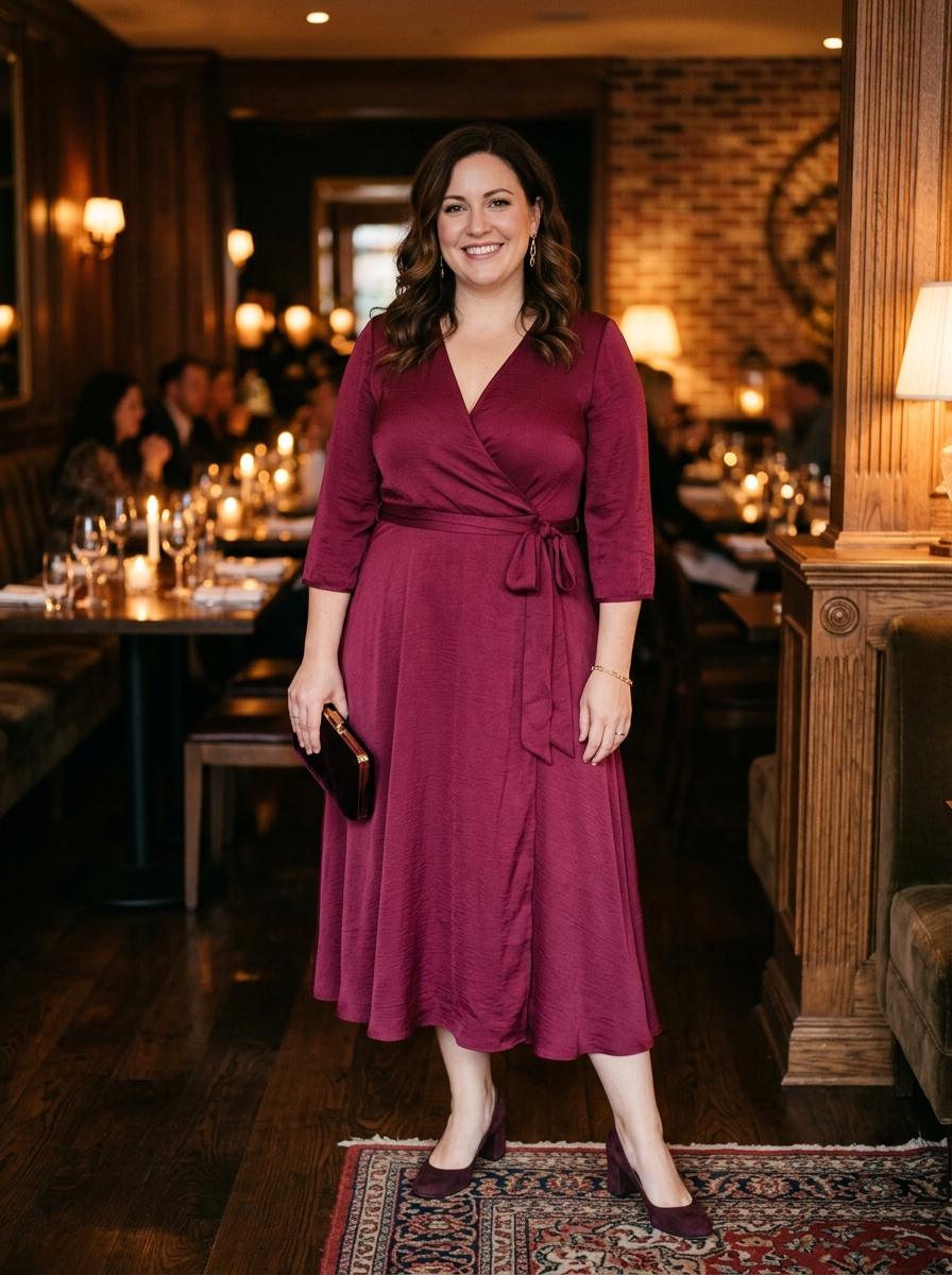 Berry Wrap Dress With Three Quarter Sleeves