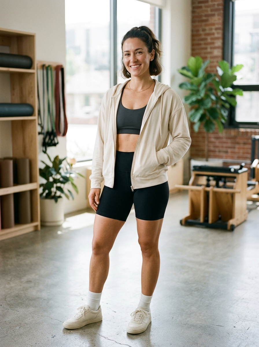 Biker Shorts With a Relaxed Zip Hoodie