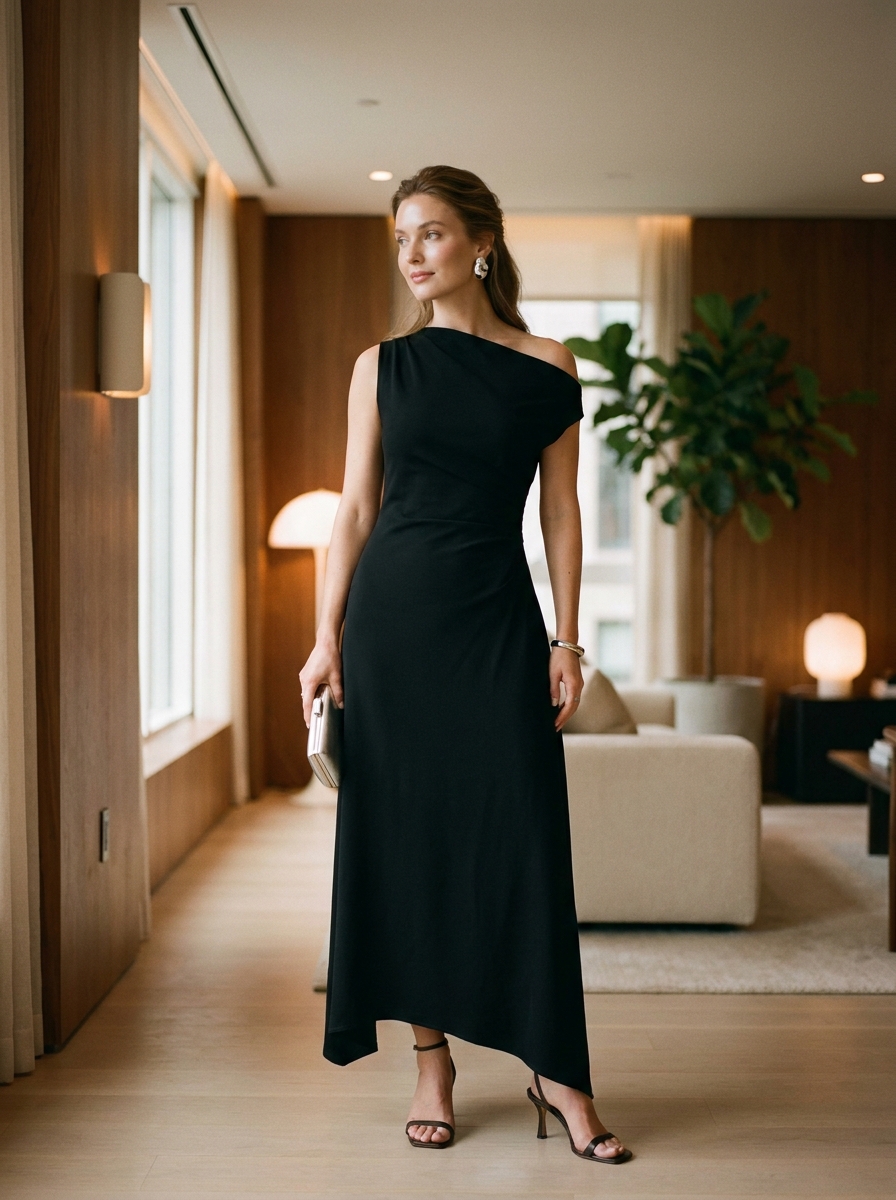 Black Asymmetric Maxi Dress With Metallic Accessories