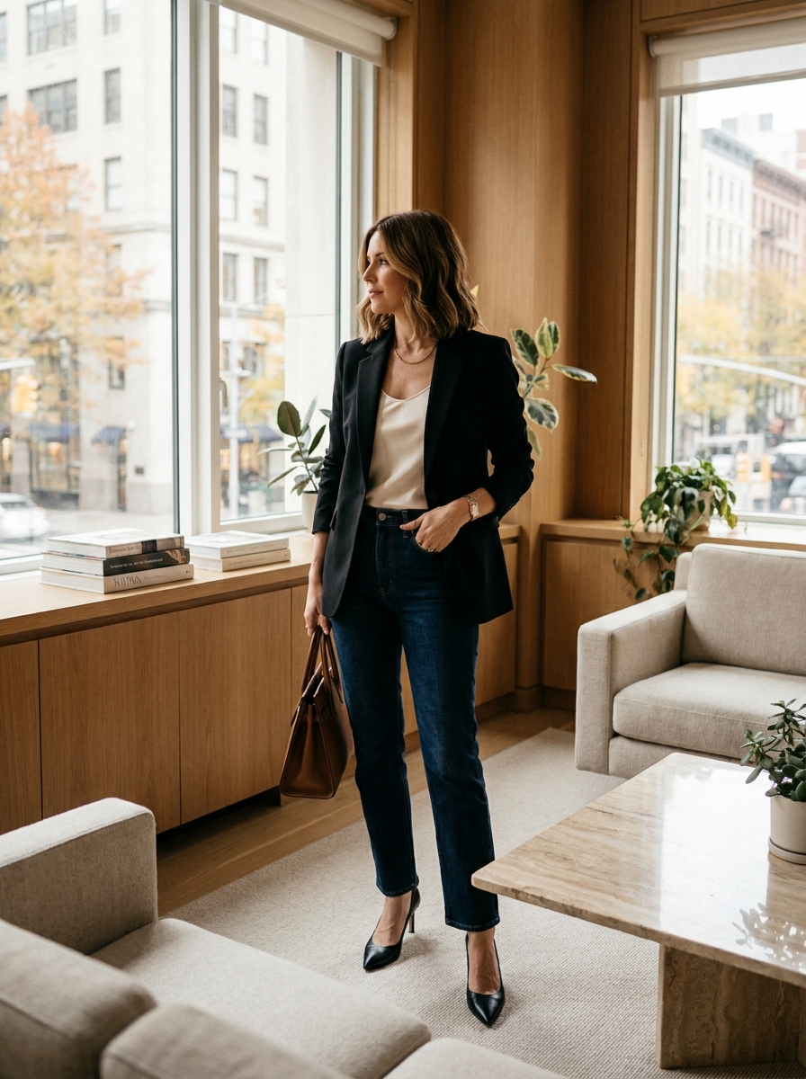 Black Blazer With Dark Jeans And Heels