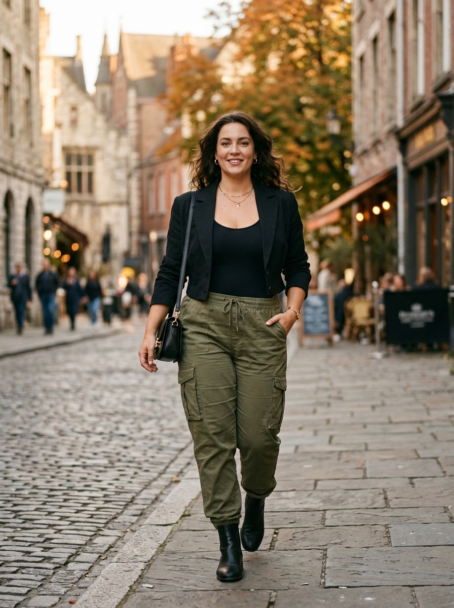 Black Bodysuit With Cargo Pants and Cropped Jacket