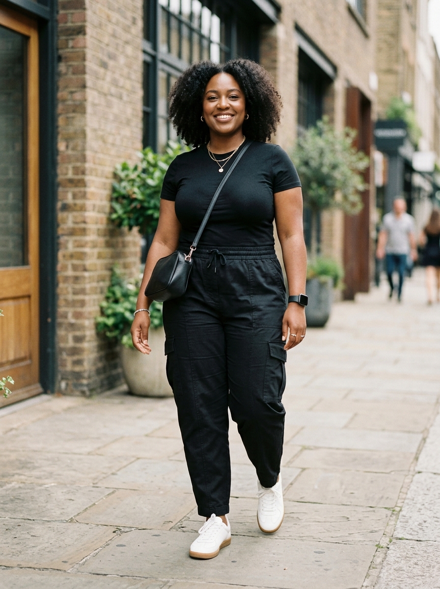 Black Cargo Pants With a Fitted Tee