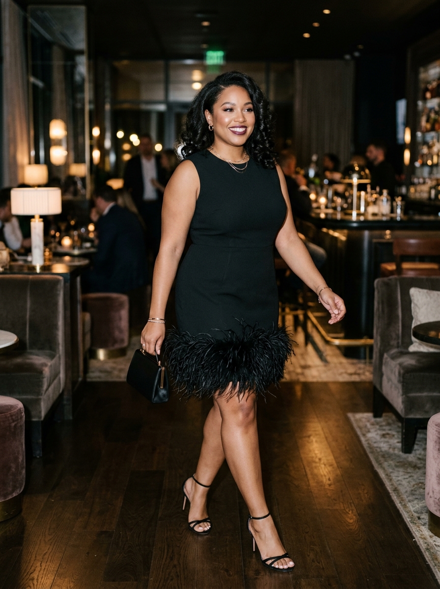 Black Feather-Trim Mini Dress