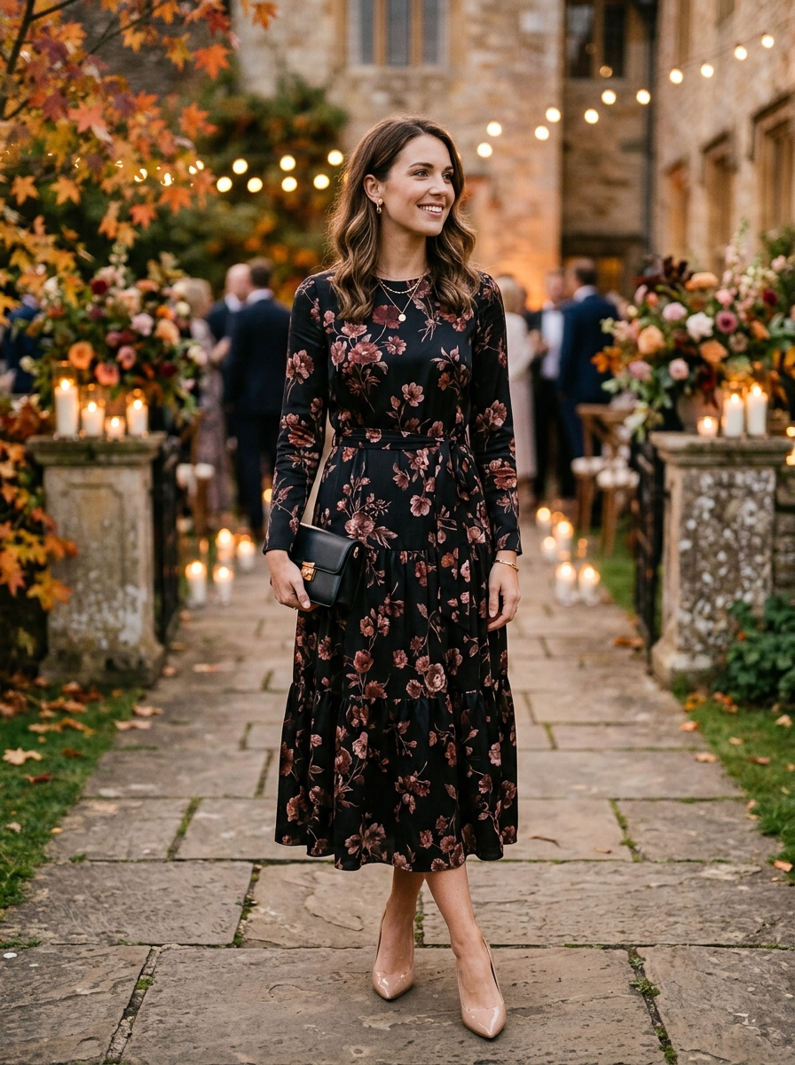 Black Floral Long-Sleeve Midi Dress