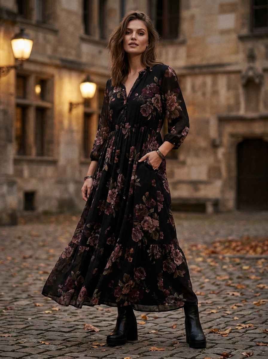 Black Floral Maxi Dress With Platform Boots
