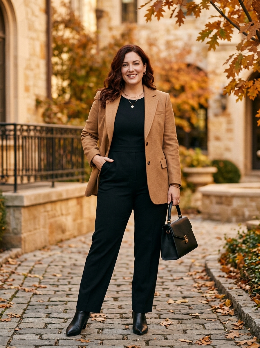 Black Jumpsuit With Camel Blazer