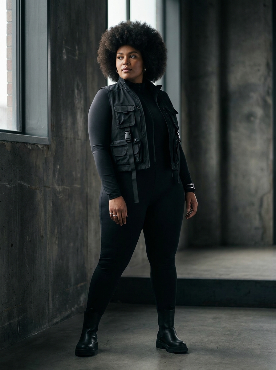 Black Jumpsuit With Tactical Utility Vest