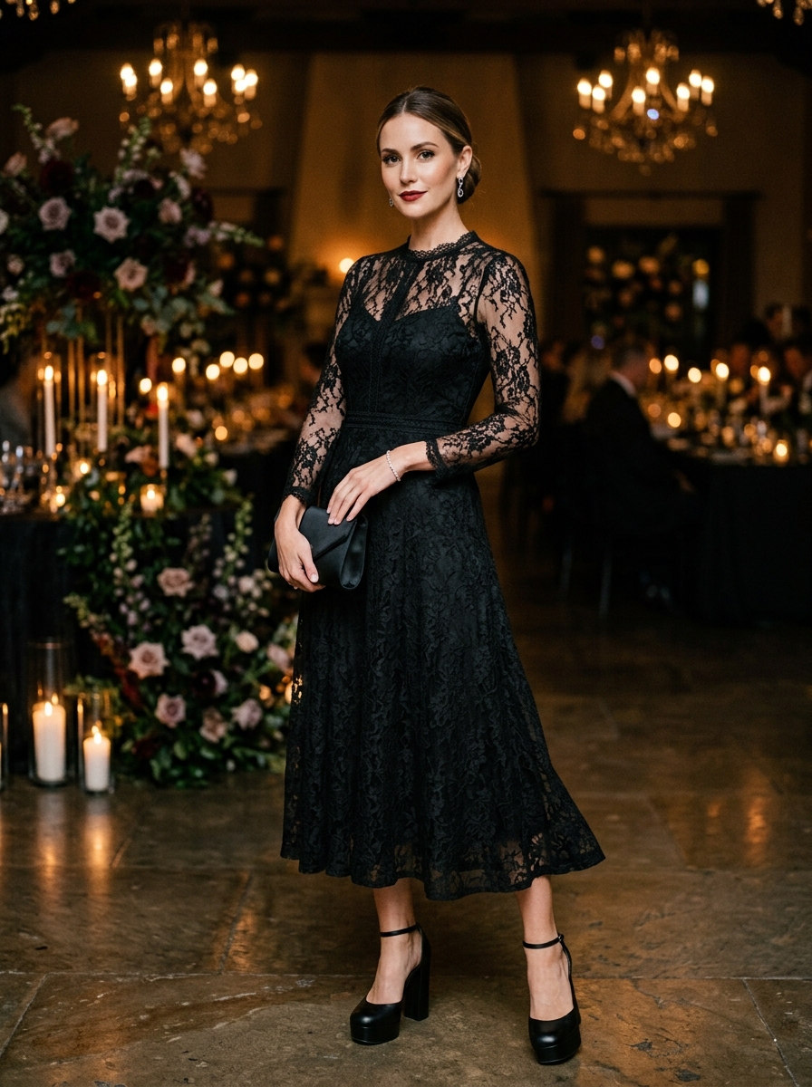 Black Lace Midi Dress With Platform Heels
