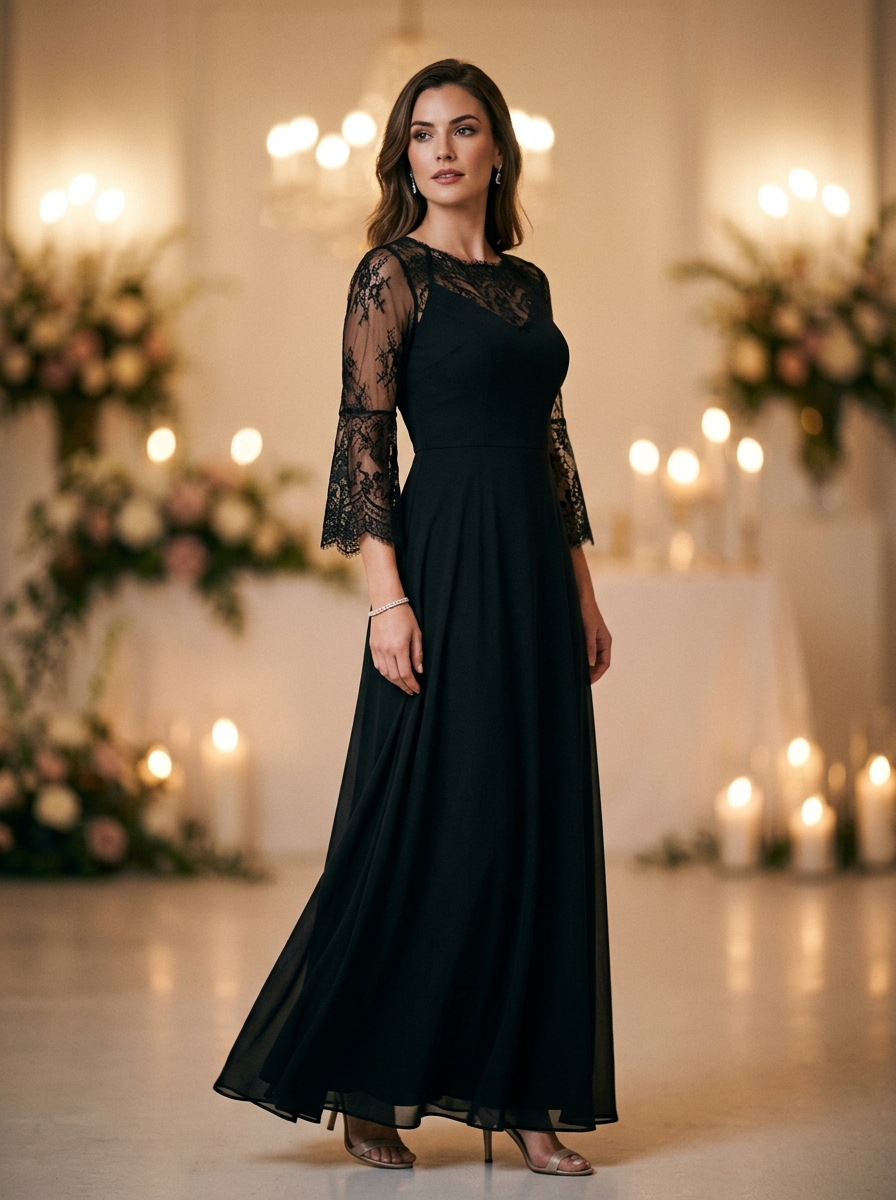Black Lace Sleeve Maxi Dress