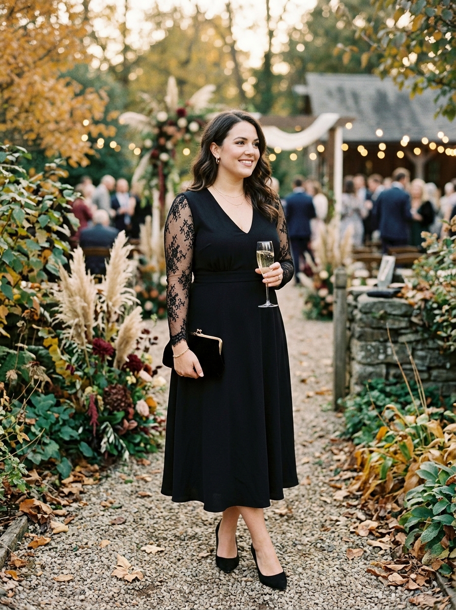 Black Lace Sleeve Midi Dress