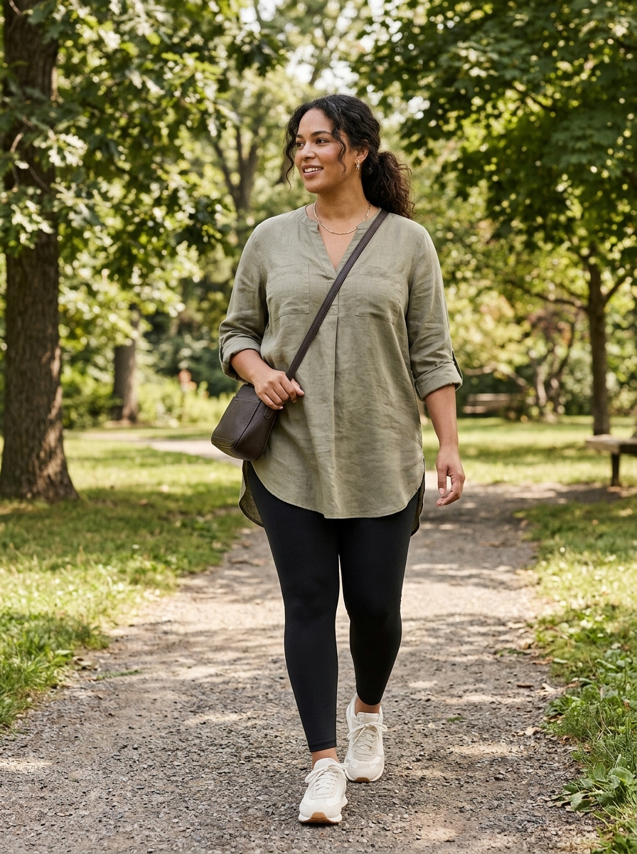 Black Leggings With a Khaki Tunic Shirt