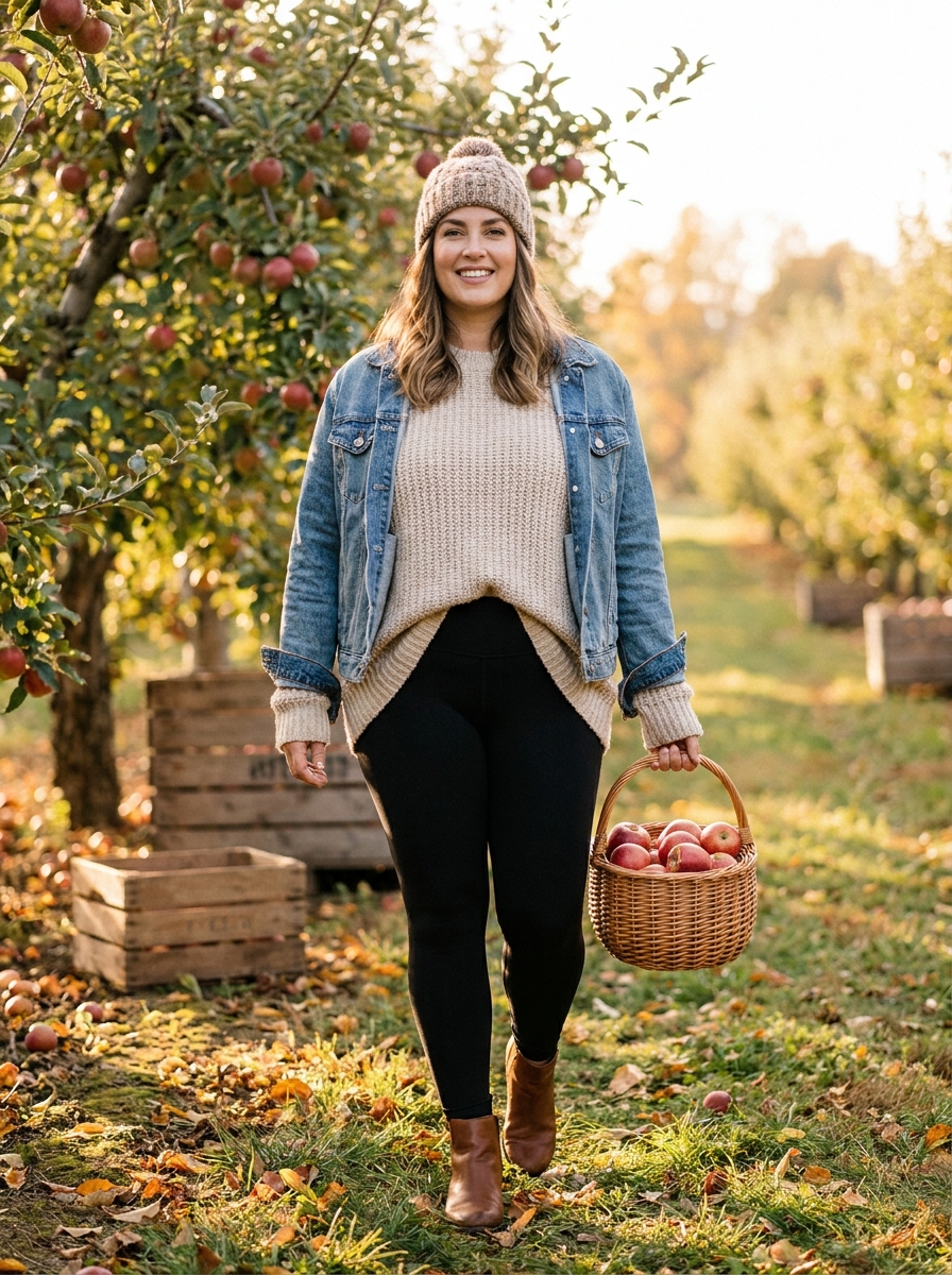 Black Leggings With an Oversized Sweater and Denim Jacket