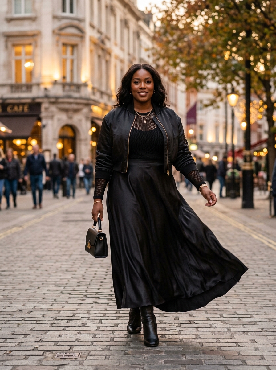 Black Maxi Skirt With a Mesh Top and Bomber Jacket