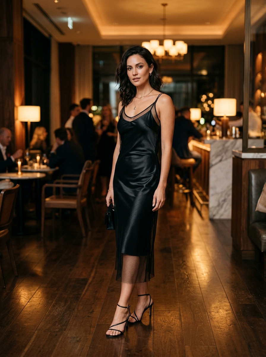 Black Mesh Overlay Dress With Satin Slip
